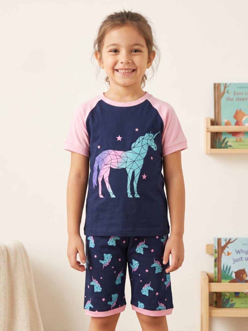 NWOT | Girls Navy & Pink Geometric Unicorn Short Sleeve Pajama Set | 6